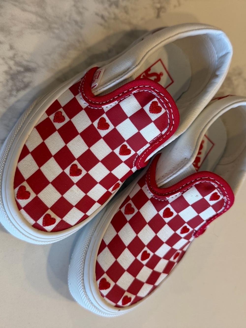 Vans Kids Red & White Checkerboard Heart Slip-On Sneakers